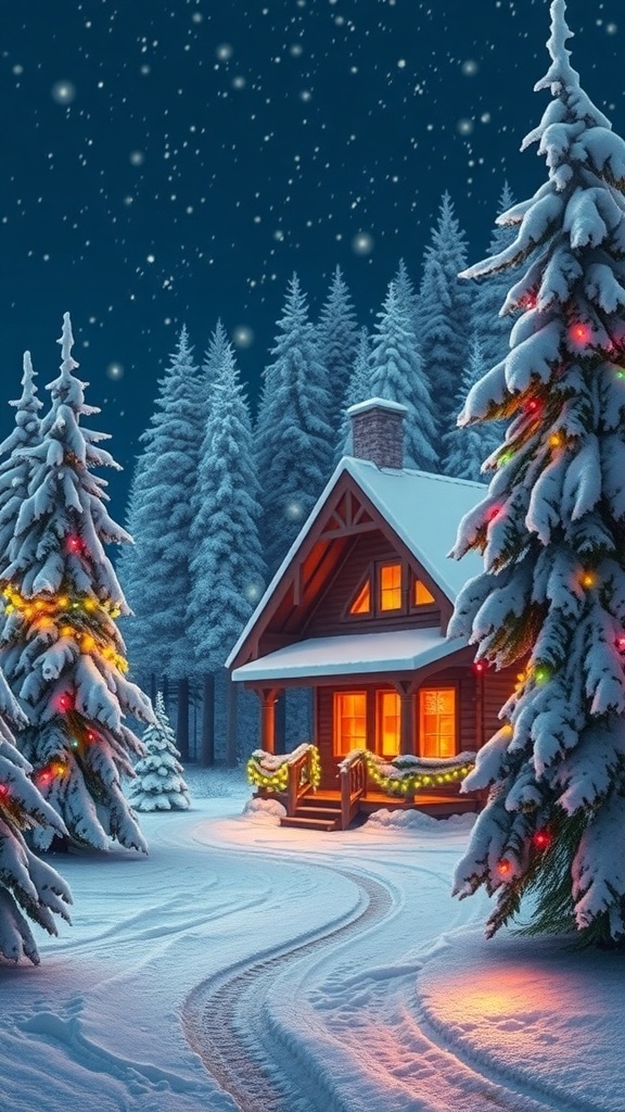 Festive Christmas Desktop Background A cozy cabin in a snowy landscape decorated with Christmas lights, creating a festive holiday scene.